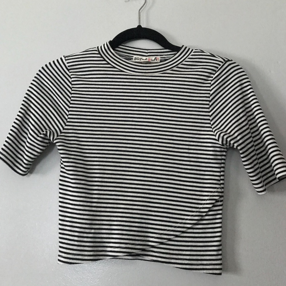 Black and White Striped Mock Neck Crop Top